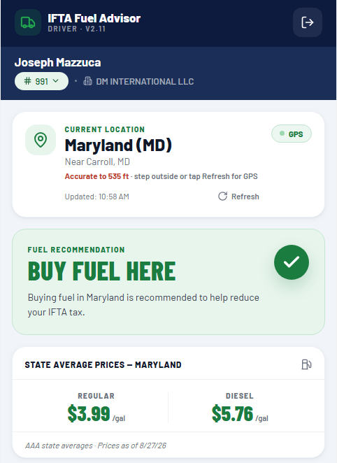 IFTA Fuel Advisor live location and recommendation dashboard
